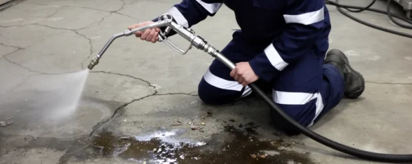 Opérateur en combinaison utilisant une lance hydrodécapage sur sol béton industriel