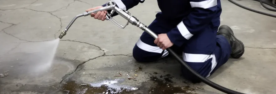Opérateur en combinaison utilisant une lance hydrodécapage sur sol béton industriel