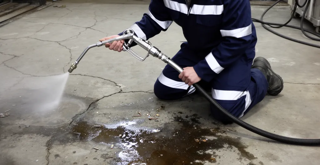 Opérateur en combinaison utilisant une lance hydrodécapage sur sol béton industriel