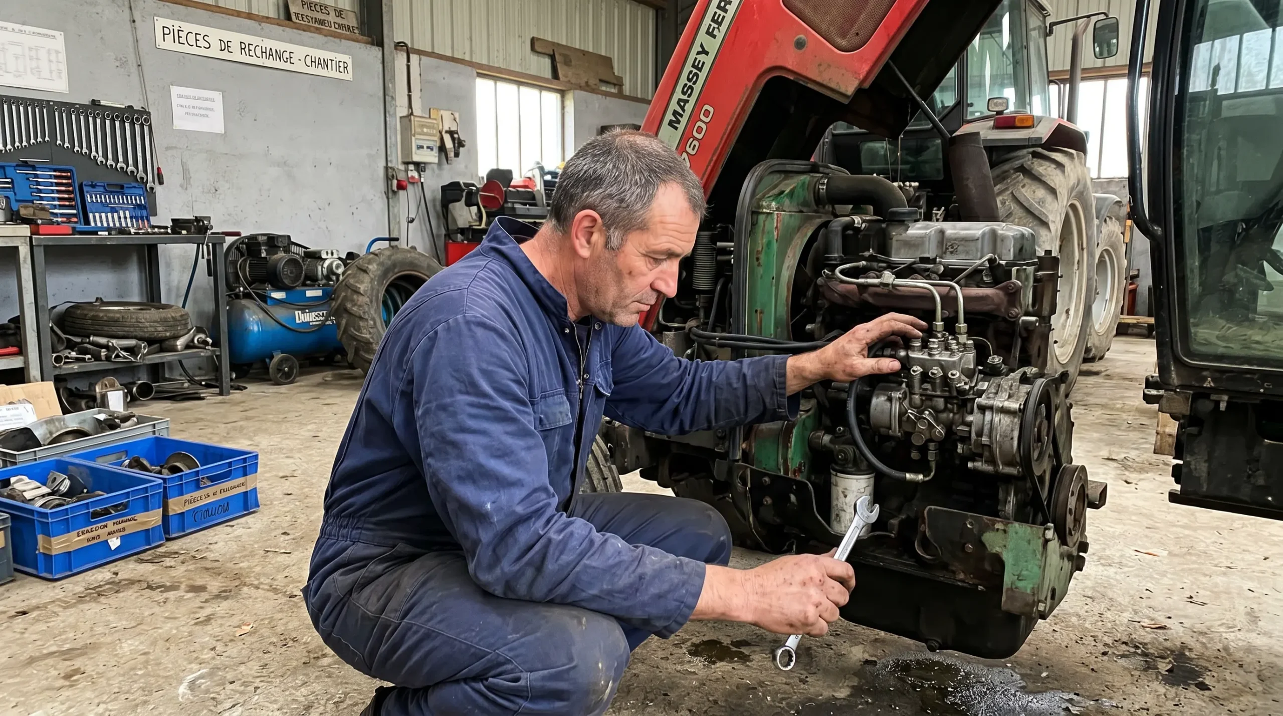 Agriculteur inspectant mécaniquement un tracteur d'occasion dans un atelier agricole, vérifiant l'état technique avant achat