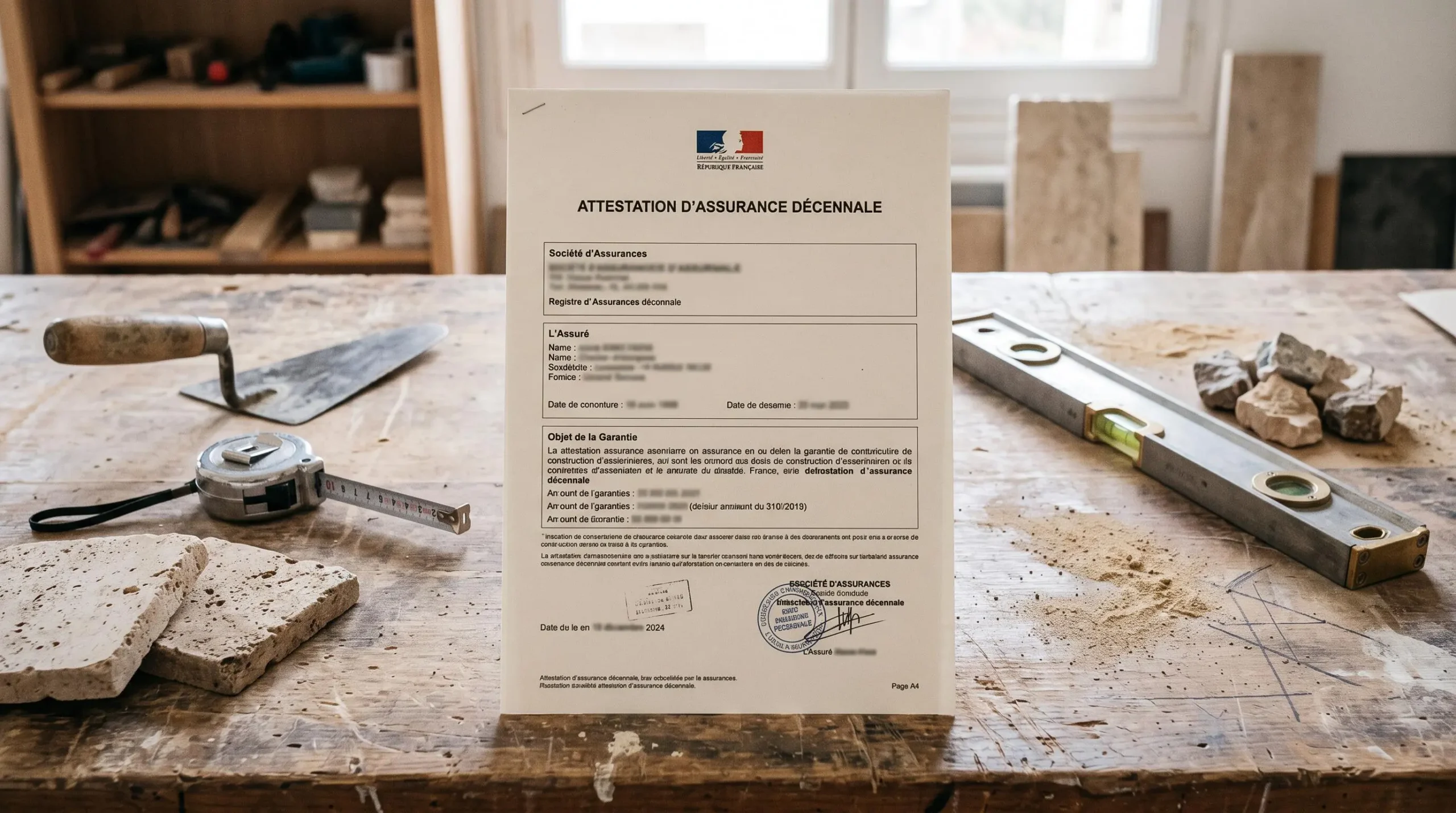 Attestation d'assurance décennale française posée sur table de travail entourée d'outils de construction authentiques