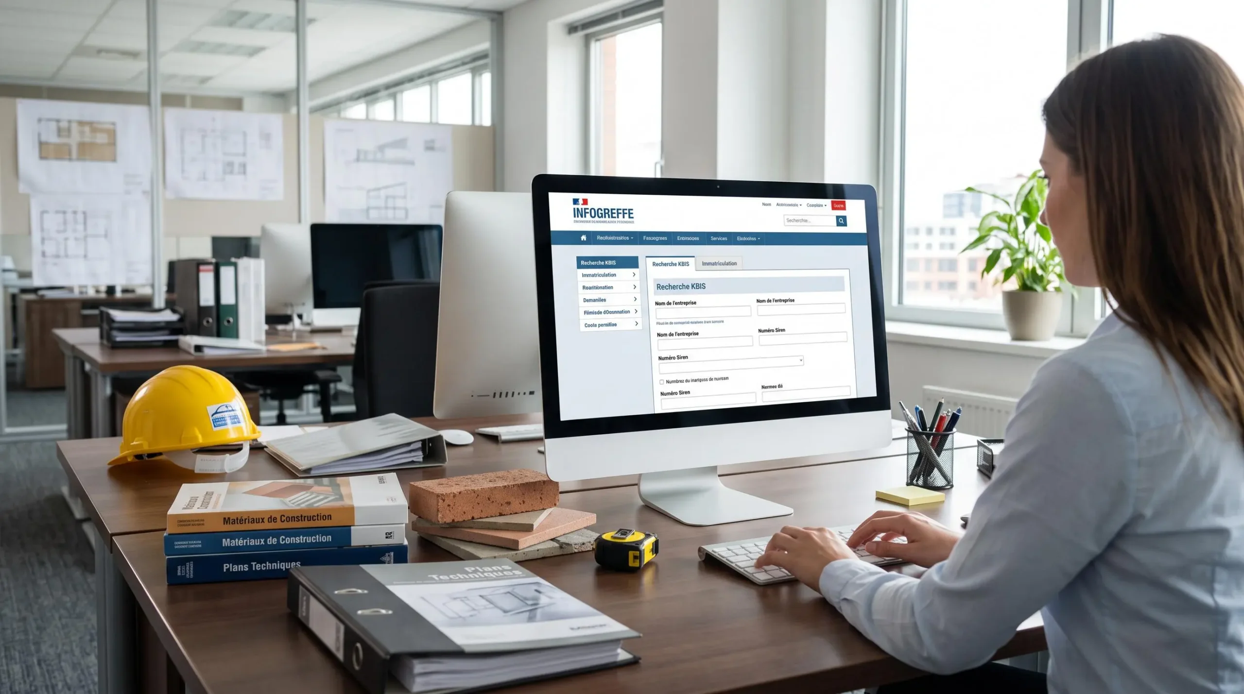 Interface du site Infogreffe affichée sur écran d'ordinateur pour recherche d'extrait KBIS d'entreprise du bâtiment