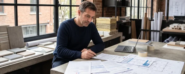 Propriétaire examinant des documents officiels d'artisan (KBIS, attestations d'assurance) dans un bureau d'architecte avec plans de construction en arrière-plan