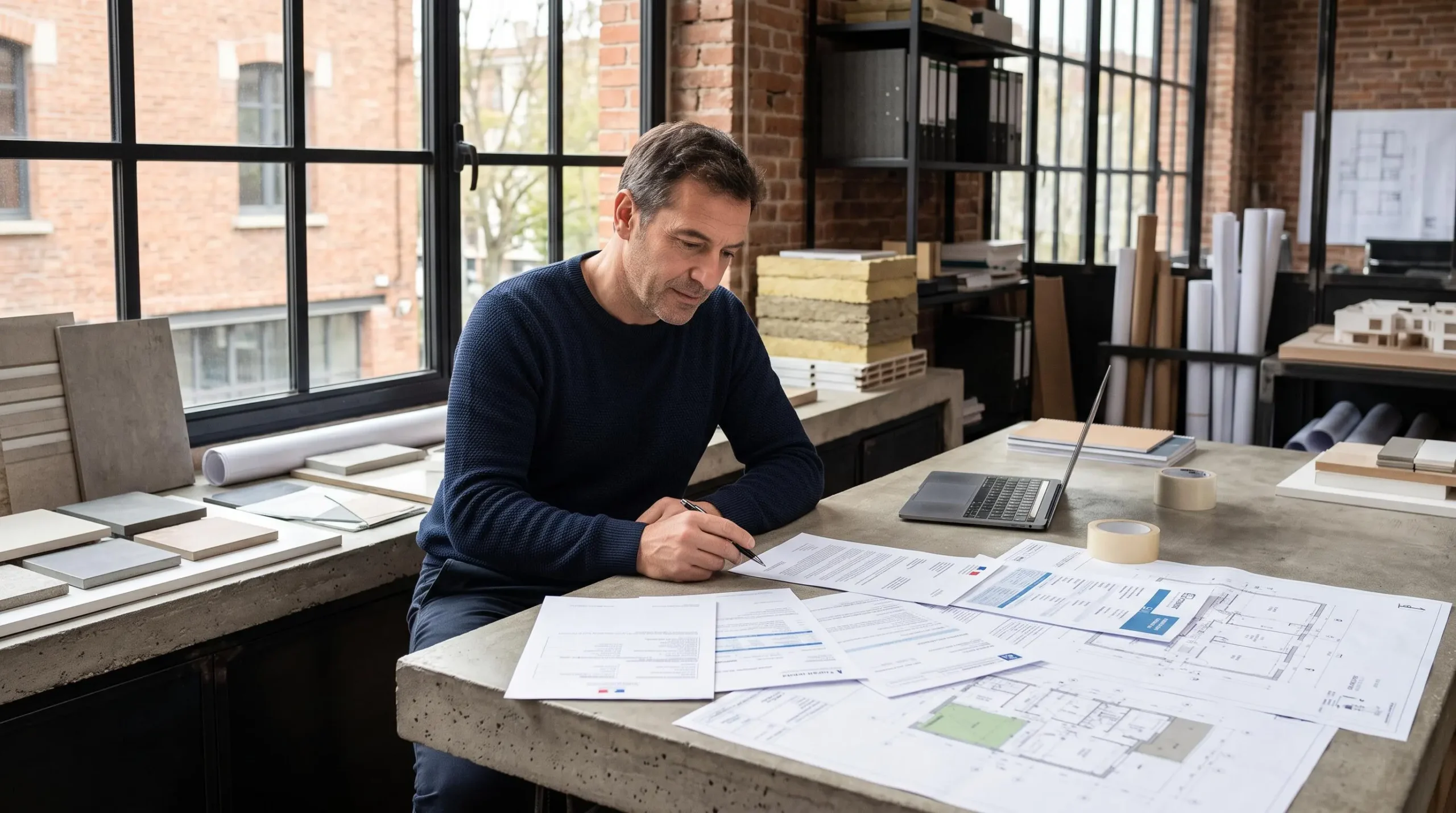 Propriétaire examinant des documents officiels d'artisan (KBIS, attestations d'assurance) dans un bureau d'architecte avec plans de construction en arrière-plan