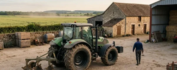 Tracteur agricole moderne de marque premium stationné dans une cour d'exploitation française avec bâtiments ruraux et champs en arrière-plan
