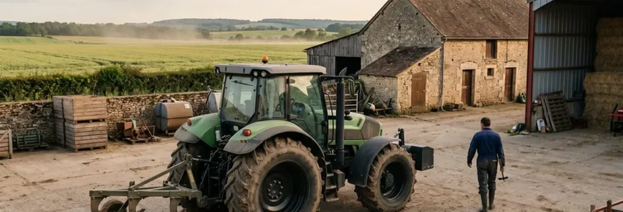 Tracteur agricole moderne de marque premium stationné dans une cour d'exploitation française avec bâtiments ruraux et champs en arrière-plan