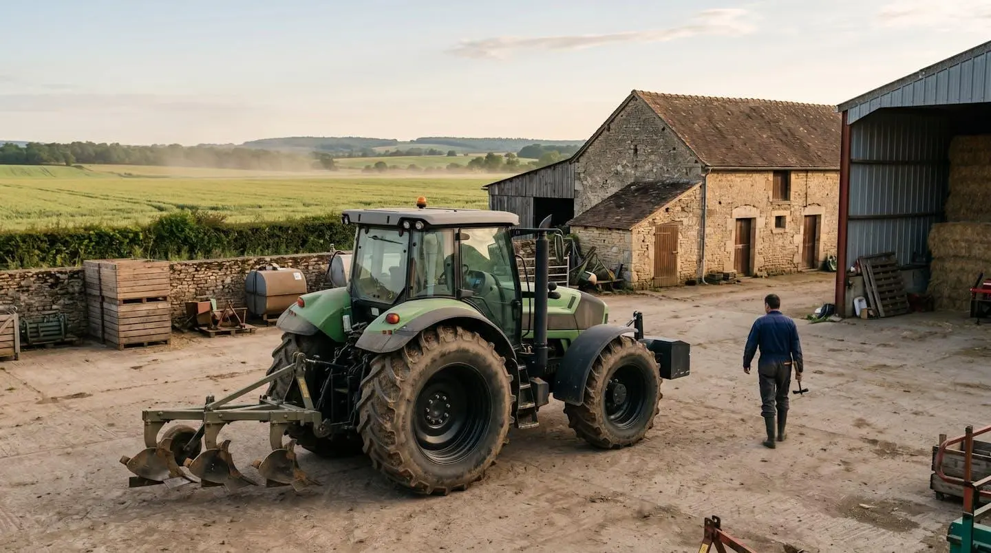 Tracteur agricole moderne de marque premium stationné dans une cour d'exploitation française avec bâtiments ruraux et champs en arrière-plan