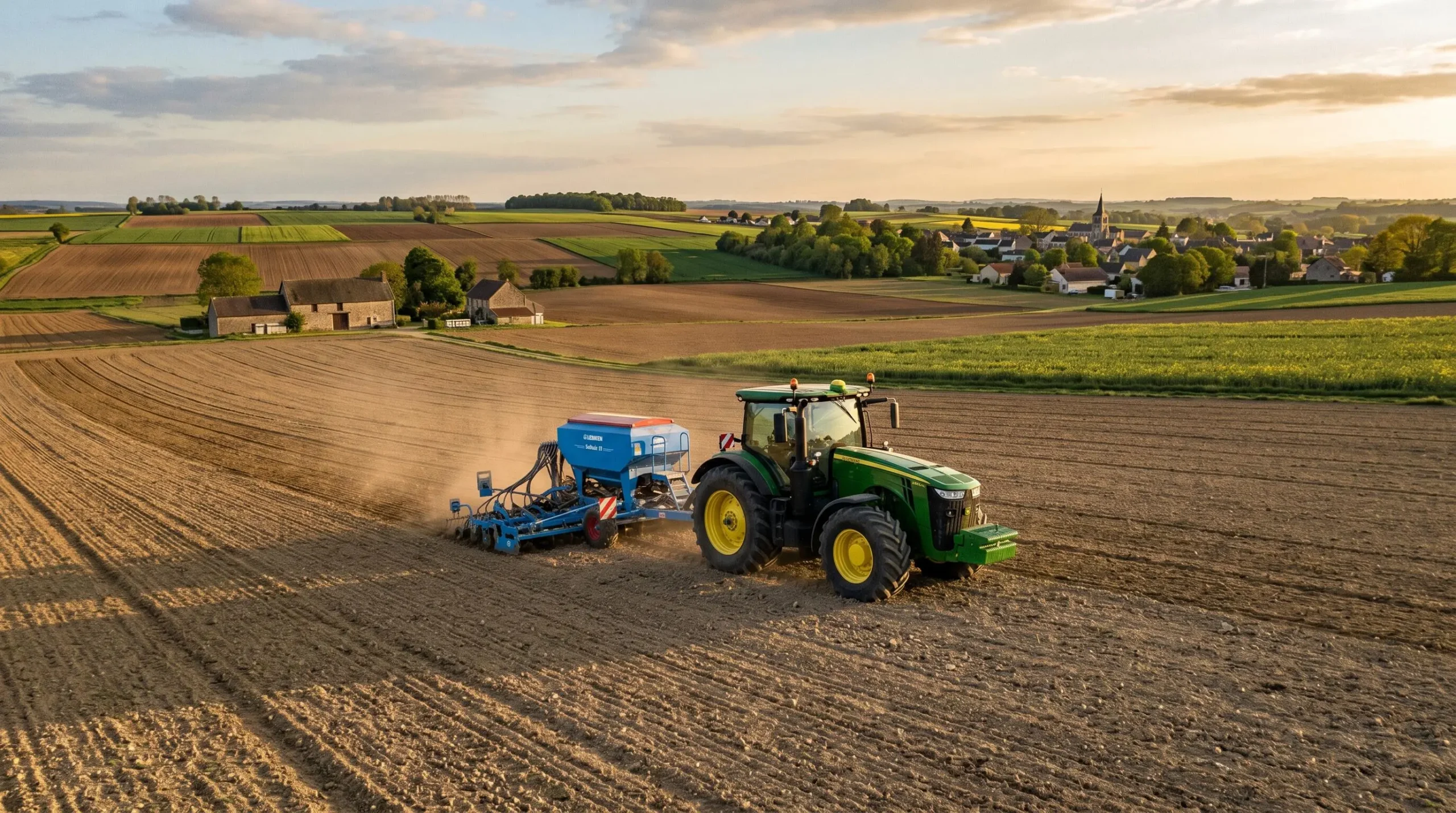 Tracteur agricole tractant un semoir de précision en opération dans un vaste champ céréalier sous lumière de fin de journée