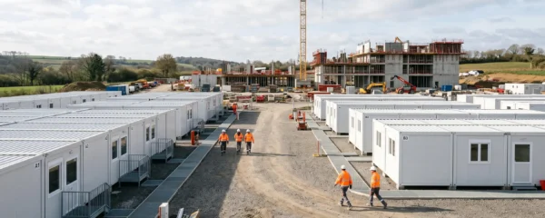 Base vie de chantier composée de plusieurs modules préfabriqués blancs installés sur un chantier de construction, avec des ouvriers en tenue de sécurité se déplaçant entre les bâtiments temporaires