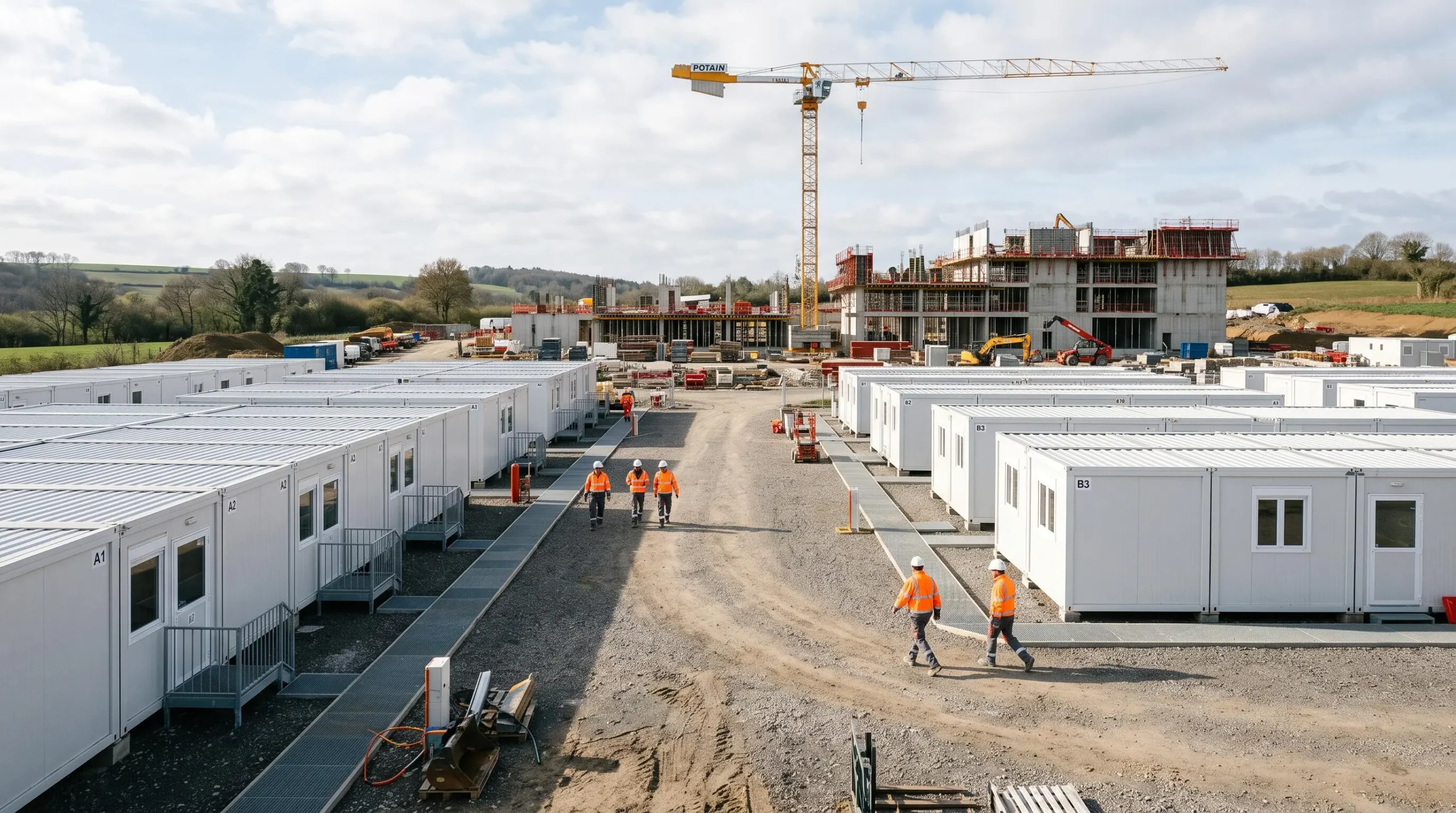 Base vie de chantier composée de plusieurs modules préfabriqués blancs installés sur un chantier de construction, avec des ouvriers en tenue de sécurité se déplaçant entre les bâtiments temporaires
