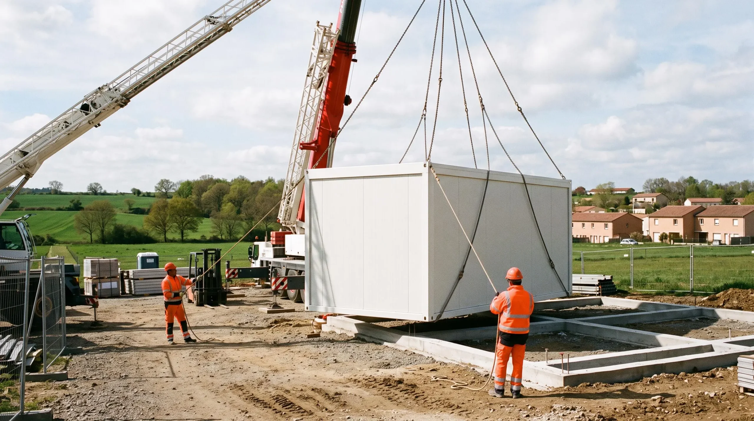 Module préfabriqué blanc suspendu par une grue lors de sa livraison sur un chantier, avec des ouvriers au sol coordonnant l'opération de positionnement