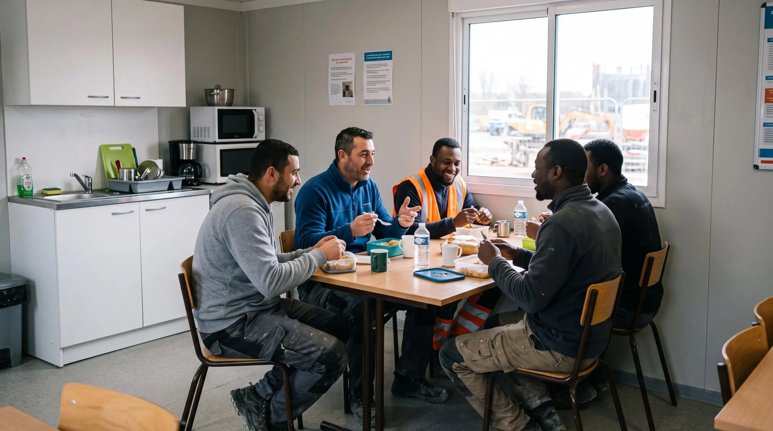 Intérieur d'un module réfectoire de chantier où plusieurs ouvriers en tenue de travail prennent leur pause déjeuner assis à des tables