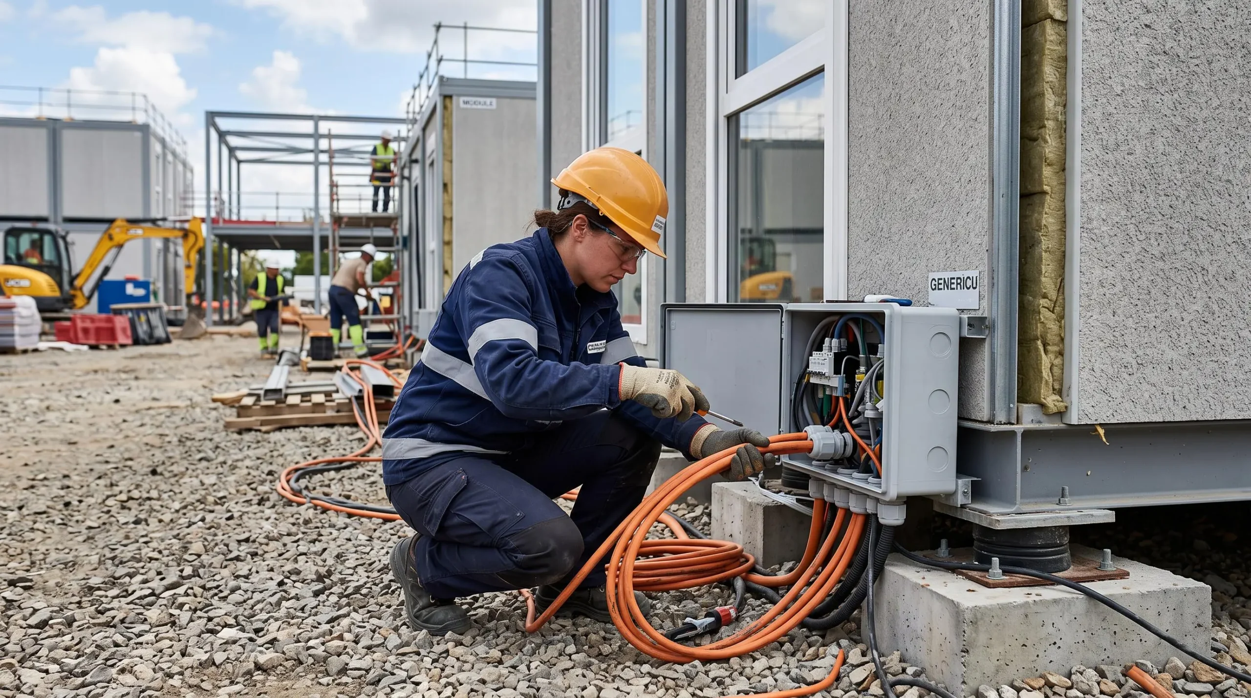 Technicien en tenue de travail et casque effectuant le raccordement des installations d'un module préfabriqué sur un chantier de construction