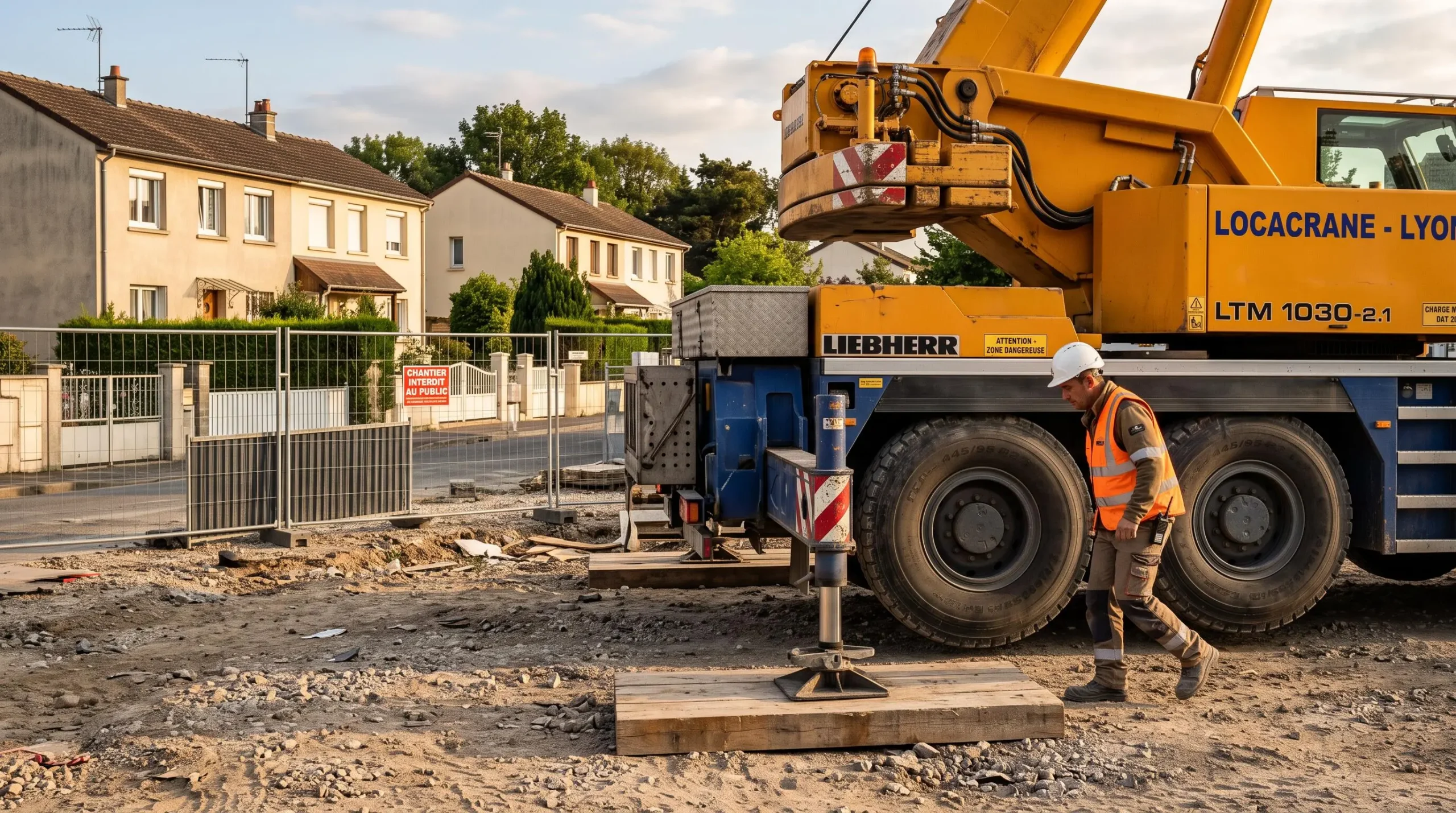 Un opérateur inspecte une grue sur essieu stationnée sur un chantier.