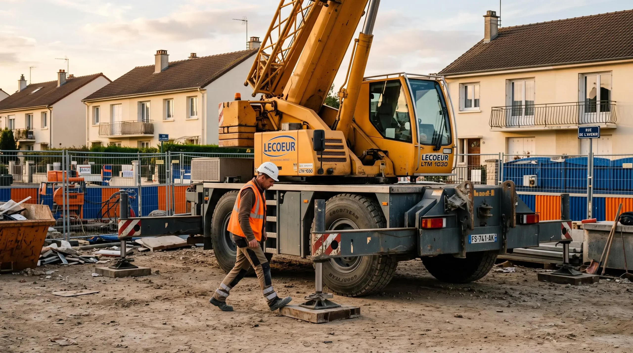 Un opérateur inspecte une grue sur essieu stationnée sur un chantier.