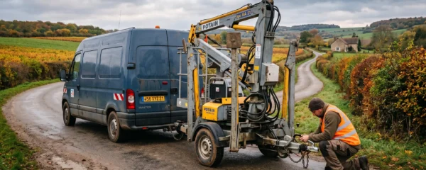 Une grue à montage rapide sur remorque tractée roule sur une route de campagne française.