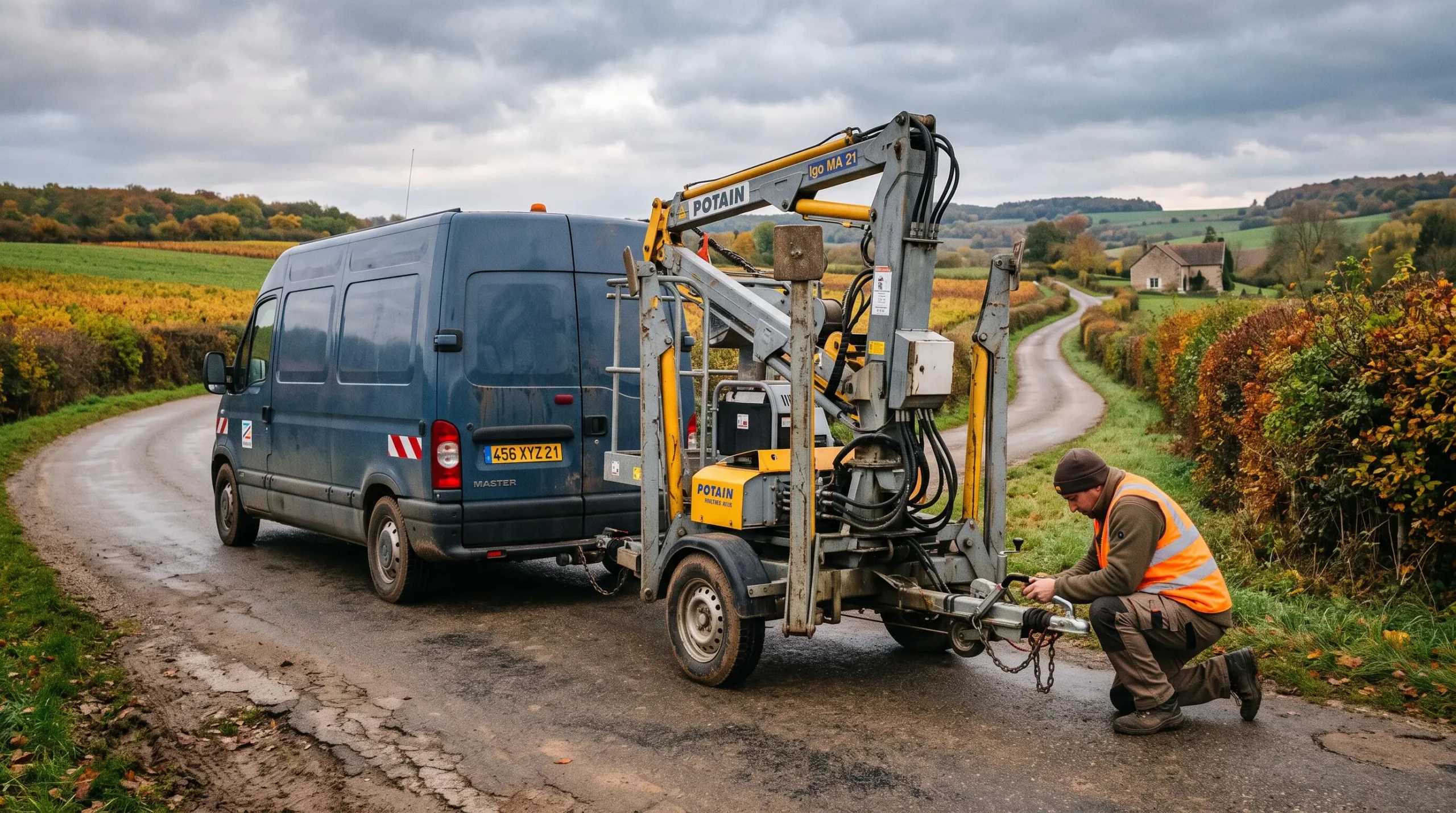Une grue à montage rapide sur remorque tractée roule sur une route de campagne française.