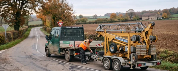 Une grue à montage rapide sur remorque tractée roule sur une route de campagne française.