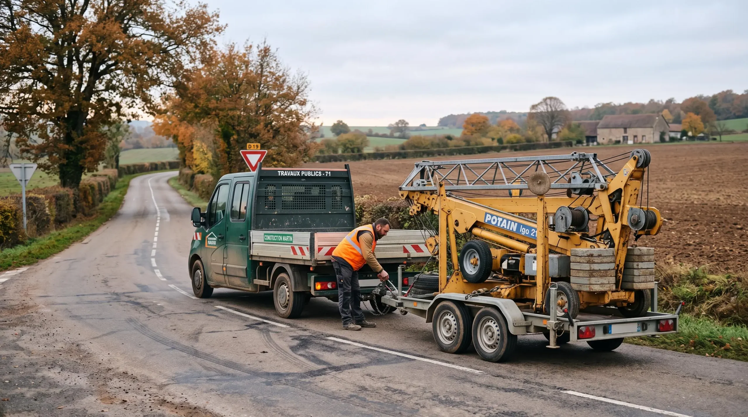 Une grue à montage rapide sur remorque tractée roule sur une route de campagne française.